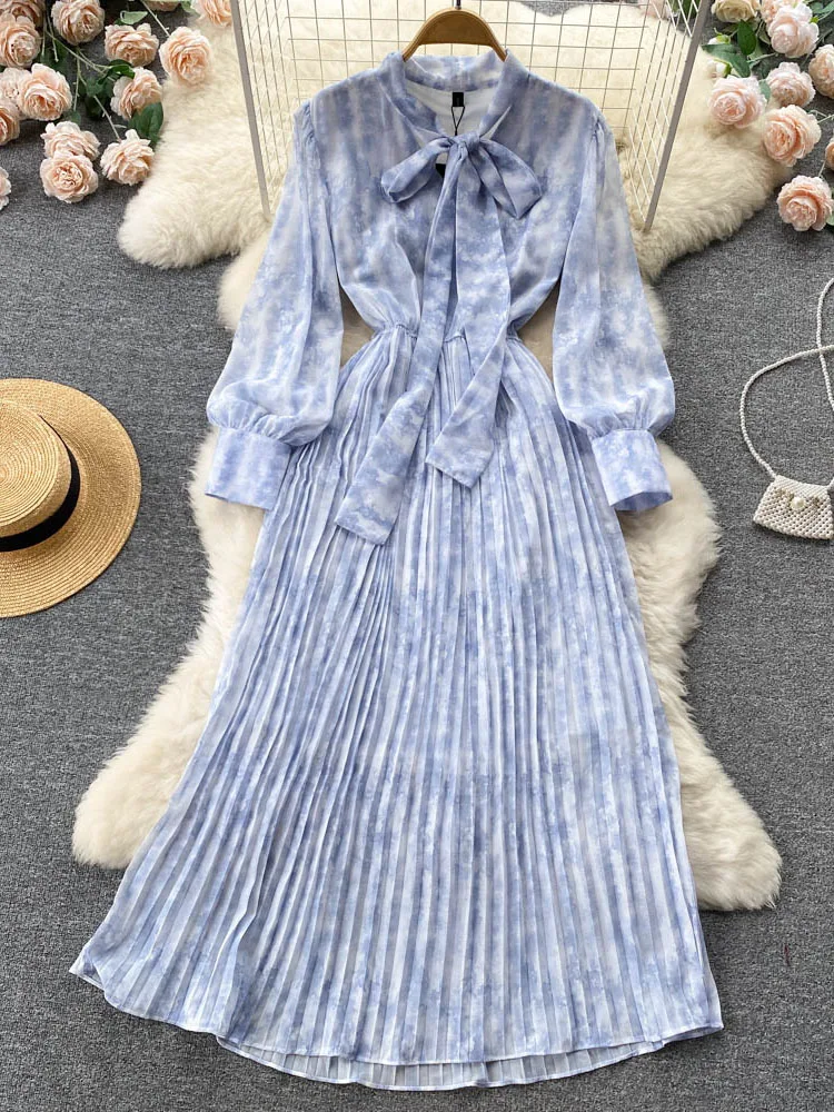 

Summer Light Blue Tea Break French High-end Bow Dress Female Waist Slim Super Fairy Big Swing Long Vestidos Women D1219