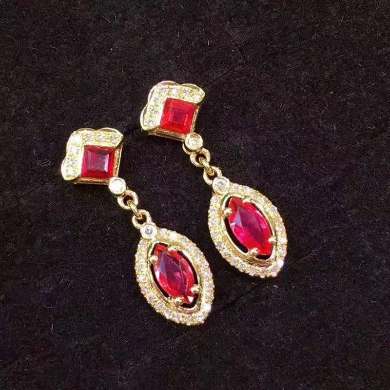 

S925 silver inlaid gold-plated oval geometric ruby long women's earrings charm luxury wedding jewelry accessories