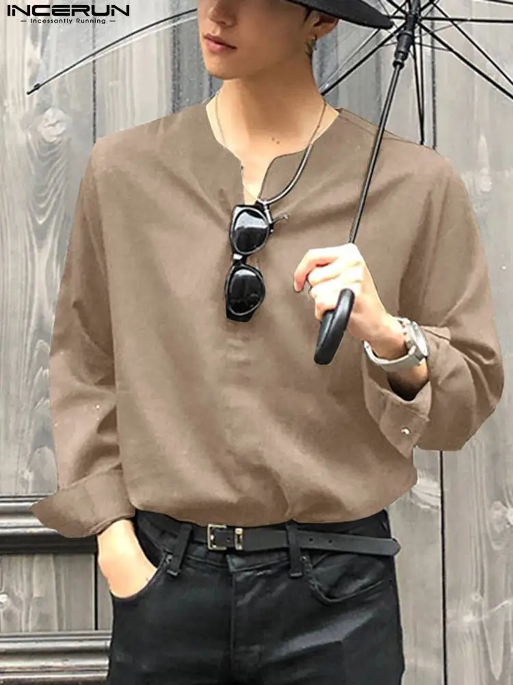 

2022 Men Shirt V Neck Long Sleeve Solid Color Loose Streetwear Korean Casual Camisas Fashion Leisure Men Clothing S-5XL INCERUN