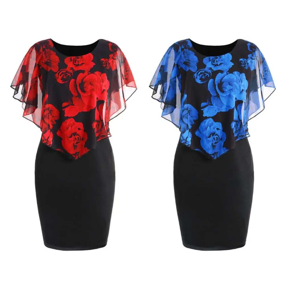 

Womens Dress Elegant Office Lady Rose Flower Print Cape Bodycon Knee Length Dress Vintage Party Dresses Vestidos 2022