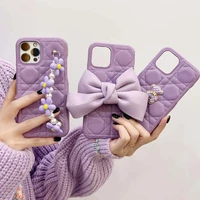 fashion purple bow knot lanyard bracelet faux leather phone case for iphone 11 12 13 pro xs max xr 7 8plus protection soft cover