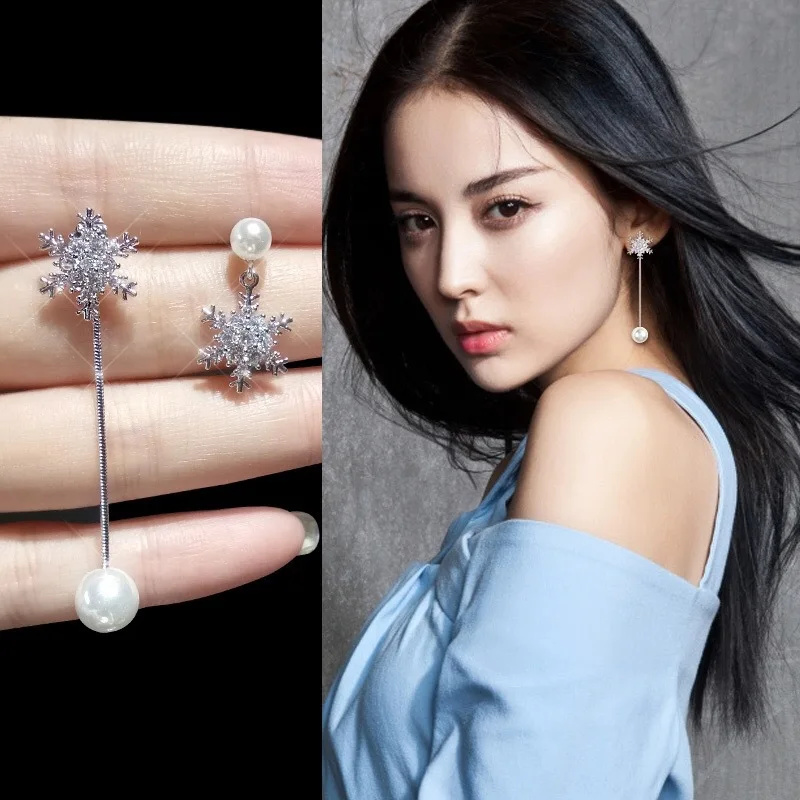 

2022 New Snowflake Earrings Asymmetric Zircon Stud Earrings Long Tassel Earrings for Women Party Jewellery Gift