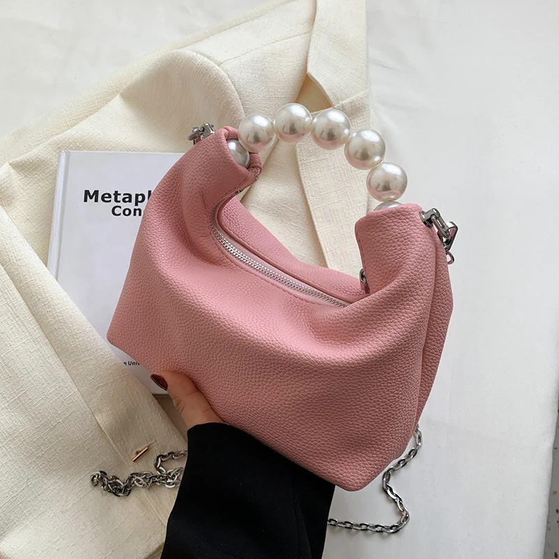 

Women's PU Leather Beads Shoulder Bag Short Handle Small Sweet Cute Totes 2022 Fashion Handbags Luxury Chain Crossbody Bag