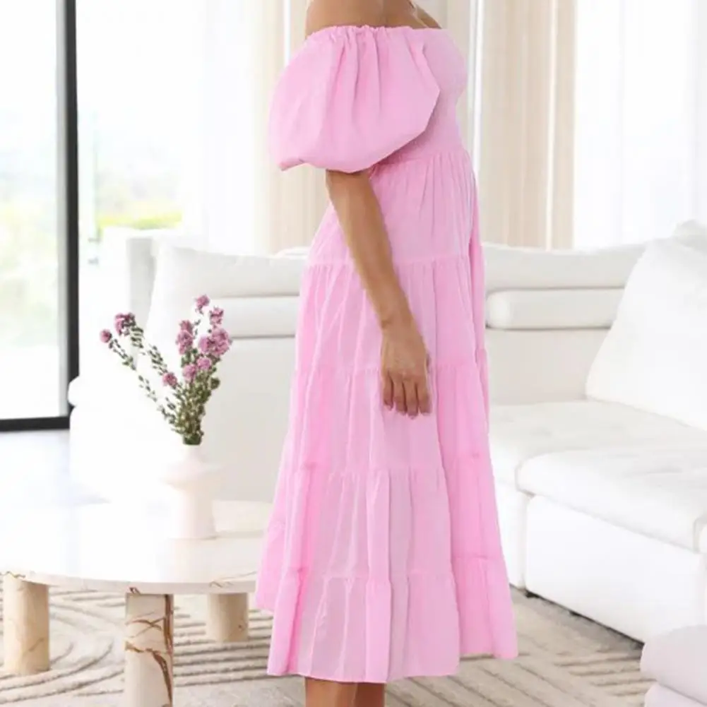 

Sexy Women Party Dress Mid-calf Length Puff Sleeve Pleated Flower Print Women Summer Midi Dress Lady Prom Dress Match Shoes