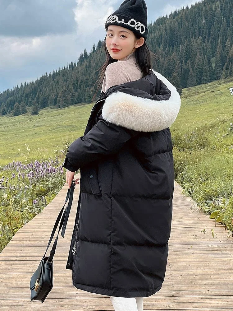 2022 Winter New Women Fur Hooded Long Jacket Parka Warm Cotton Padded Clothes Fashion Loose Coat Elegant Lady Outwear