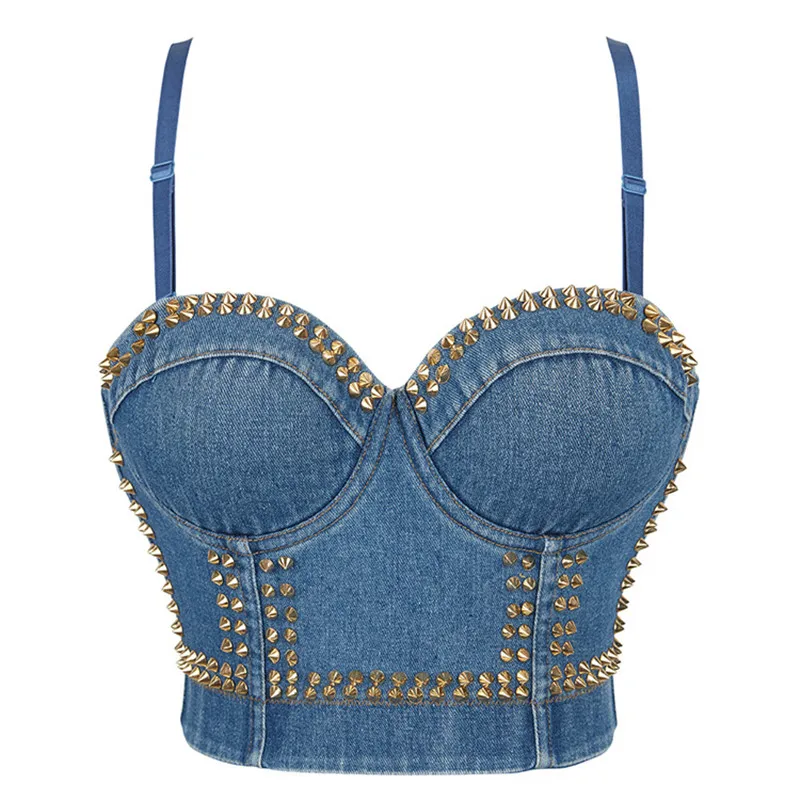 

Denim Crop Corset Top Women Tank Summer Cropped Clothes Sexy Camis Push Up Gold Rivet Bra Clothing Party Club Vest Bustier