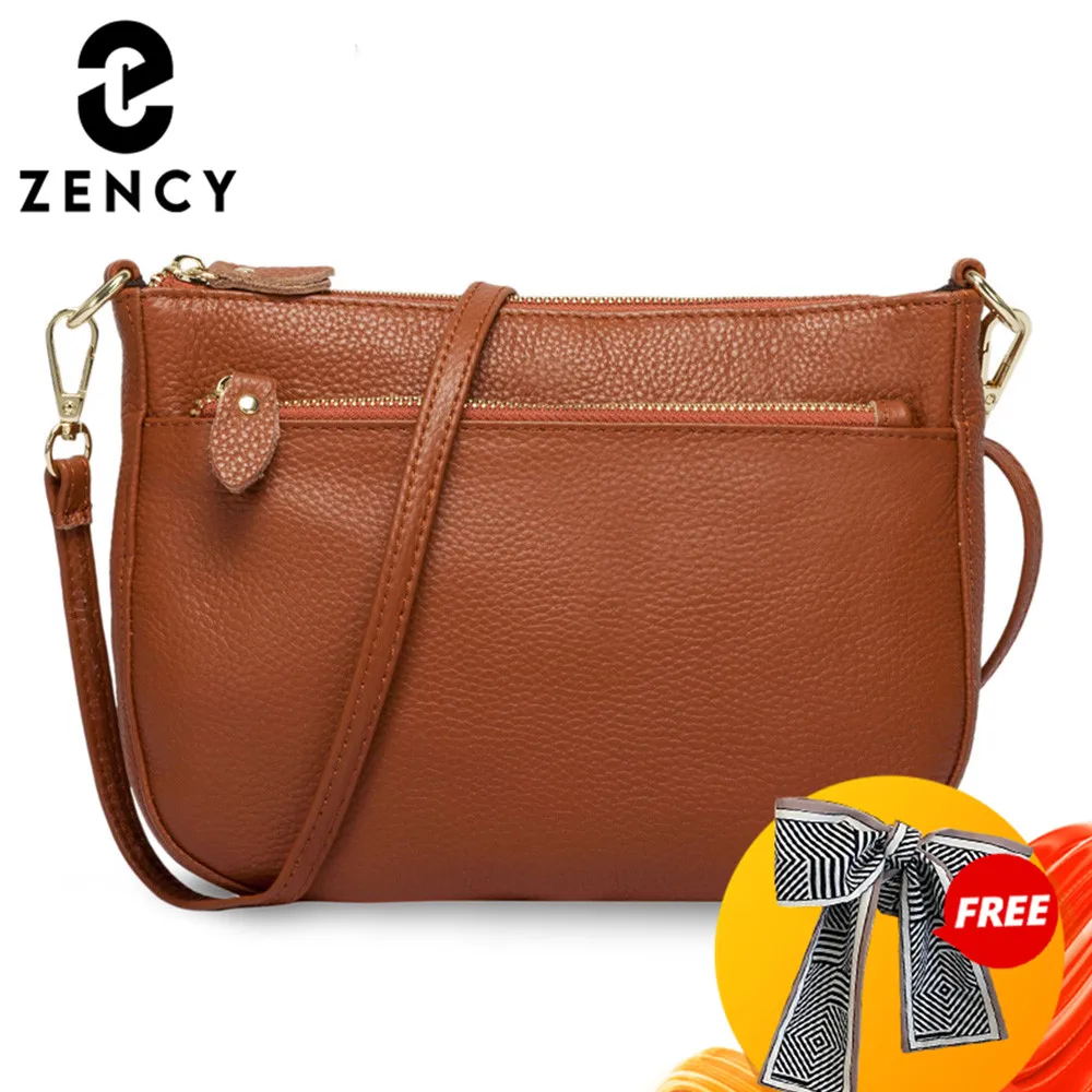 Zency Fashion Women Crossbody Bag 100% Genuine Leather Brown Handbag Small Flap Bags Simple Lady Shoulder Purse Messenger