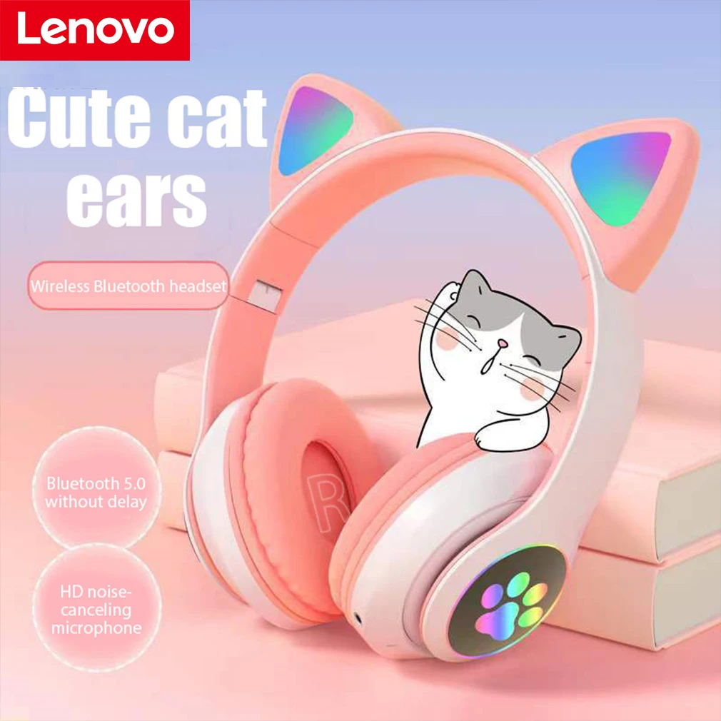 

Lenovo Freebuds Bluetooth Pro 2 Cute Cat Ear Headphone HiFi Music Stereo Foldable Wireless Headsets TF Card For Kids Girls Gifts