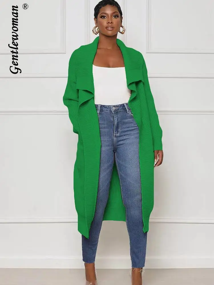 

Женский трикотажный кардиган средней длины, однотонный Свободный Повседневный Кардиган с воротником в рубчик и длинными рукавами-фонарика...