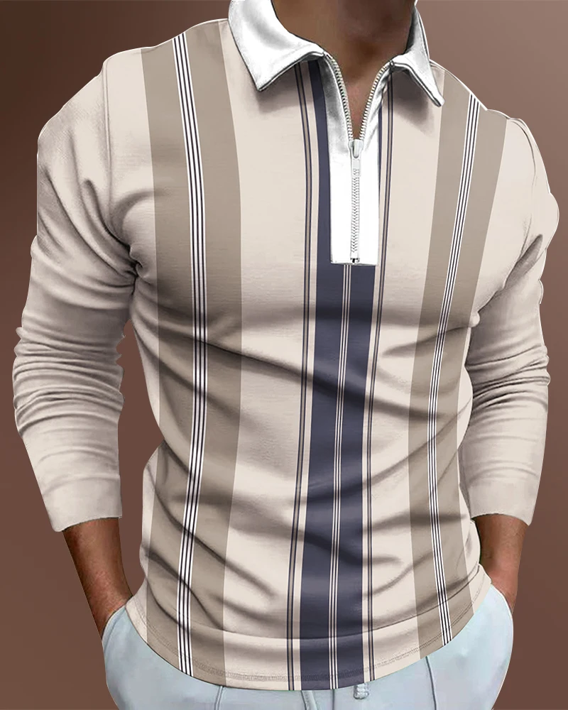 

Men's Casual Autumn Long Sleeve Polo Shirts Men Zip Tee Shirt Men Tops Street Golf Clothing Male Striped Print Clothes 2022