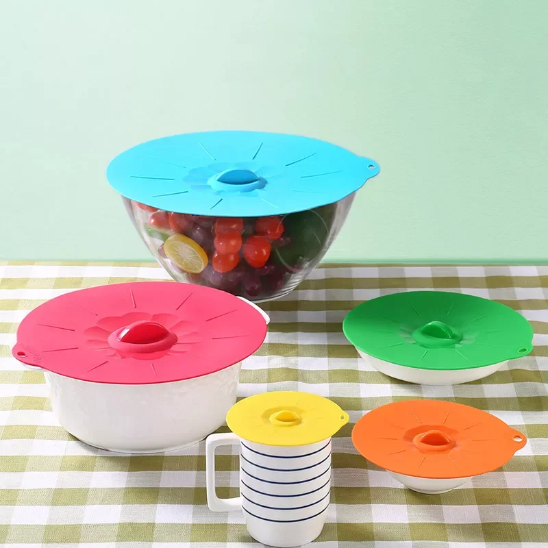 

NEW2022 Silicone Bowl Lids Set of 5 Reusable Suction Seal Covers for Bowls, Pots, Cups. Food Safe. interlocking handles for easy