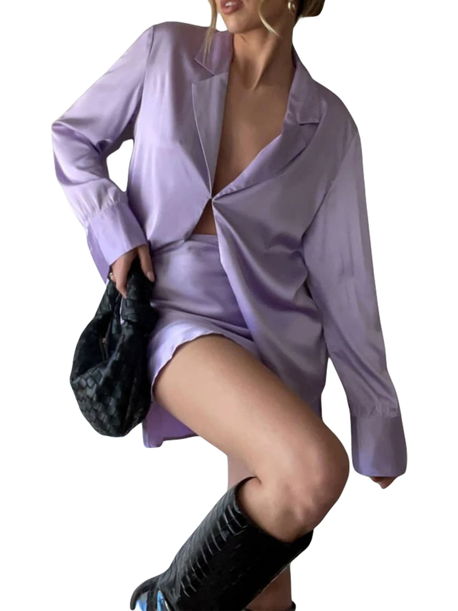 

Women Skirt and Top Set Sexy 2 Piece Outfit Long Sleeve Button Up Shirt Bodycon Skirt Mini Club Dress Streetwear