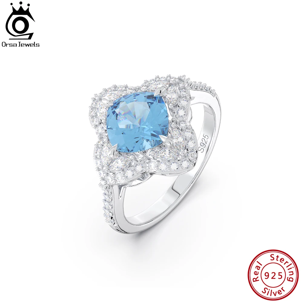 

ORSA JEWELS 925 Sterling Silver Shiny Created Aquamarine Ring For Women Brilliant CZ Halo Ring Engagement Fine Jewelry LZR14