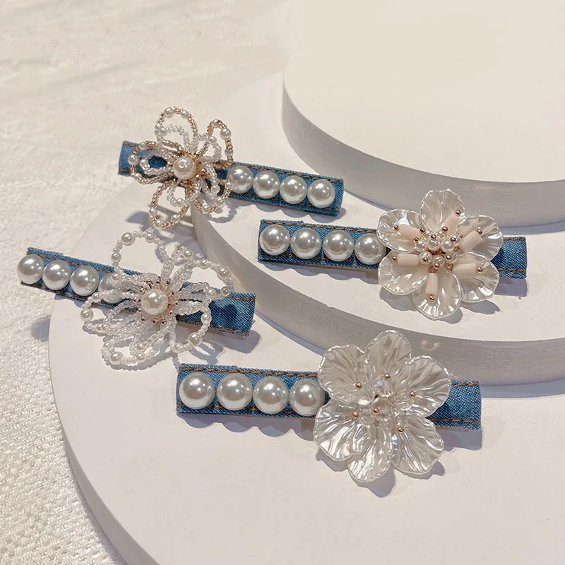 

New Blue Denim Bow Hairpin Retro Camellia Flower Pearl Hair Band Rhinestone BB Clip Hairgrips Headwear Girls Hair Accessories