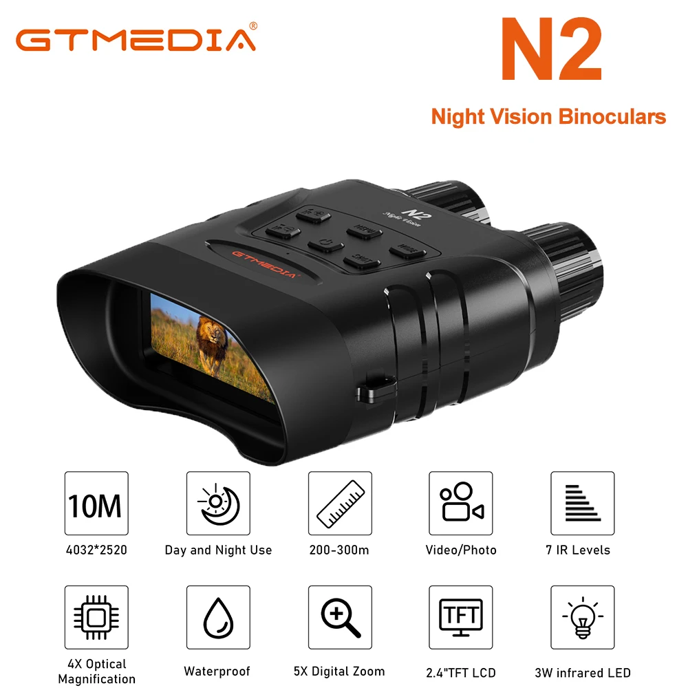 

GTMEDIA N2 Night Vision Binoculars,850nm Infrared,1080P FHD video,5X Digital Zoom Telescope Outdoor Day Night Dual Use TF card