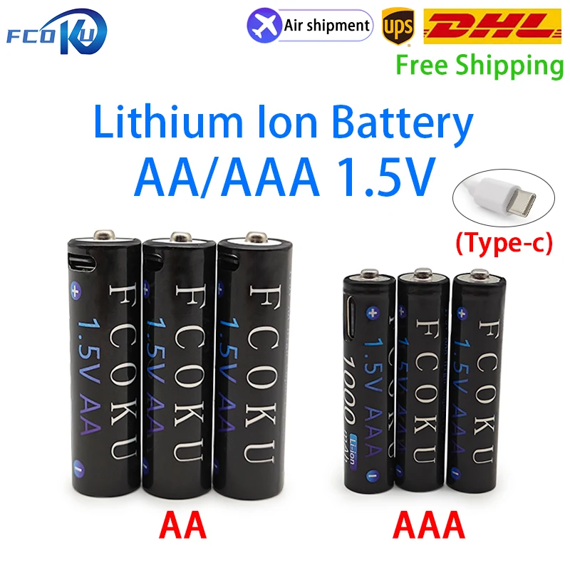 

AAA 1.5V 1000mAh+AA 1.5V 1300mAh USB Rechargeable Lithium Battery For MP3 Player Clock Shaver Remote Control,With Type-C Cable
