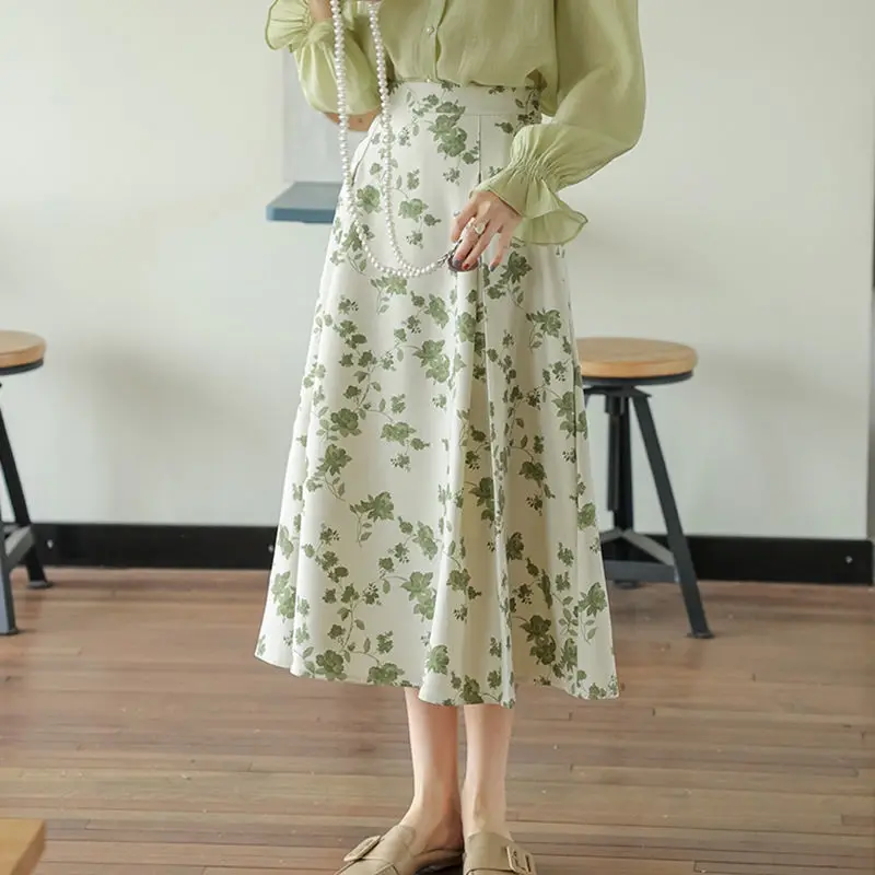 

Mid-length skirt 2022 new A-line long skirt high waist floral large swing suit pleated harajuku skirt Casual Solid A-LINE