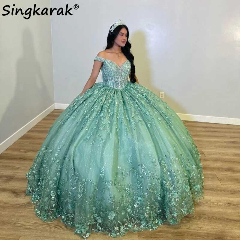 

New Green 2023 Princess Quinceanera Dress Ball Gown Flowers Appliques Beading Crystals Mexican Pageant Sweet 15 Prom Party