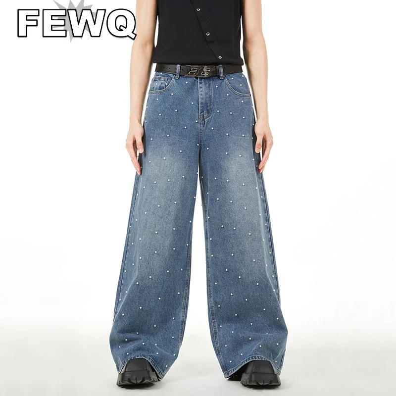 

FEWQ Beading Decoration Men's Jeans Wide Leg High Street Vintage Chic Male Denim Trousers Autumn 2023 Straight Pant Stylish New