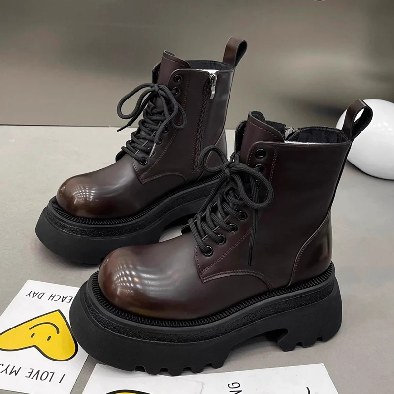 

Winter Chelsea Ankle Boots Women Platform Flats Shoes 2024 Designer Lace Up Punk Boots New Brand Zipper Motorcycle Femme Booties