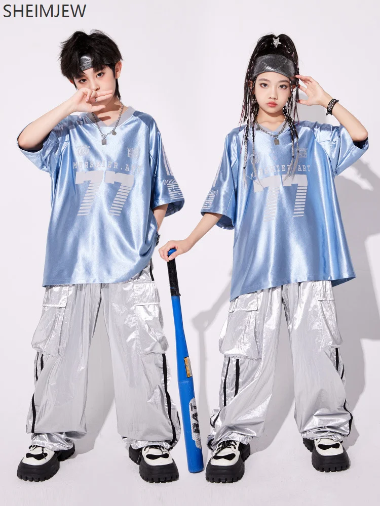Dziecięca hip-hopowa retro niebieska bluza z literami taniec uliczny błyszczące kombinezony dziewczęcy kostium taneczny jazzowy garnitur chłopięcy kostium sceniczny
