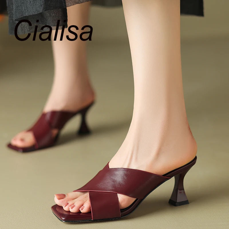 

Cialisa Summer Slippers For Women Concise Genuine Leather Elegant High Heels Woman Shoes Outdoor Lady Slipper Wine Red 2023 New