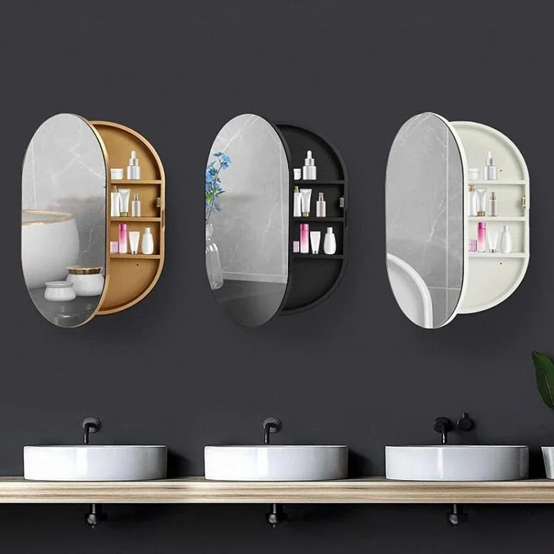 Овальный зеркальный шкаф для хранения в ванной комнате с подсветкой настенный