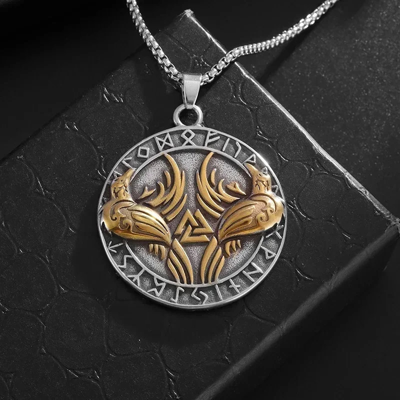 Retro Ethnic Style Nordic Viking Double Crow Triangle Rune Pendant Necklace Fashionable Men's Lucky Charm Jewelry
