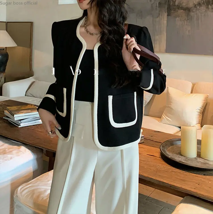 

Autumn 2022 New Luxury Coat with Black Edge Women's Design Short Unique Jacket Cardigan Women Korean Fahion Girl's Top Black