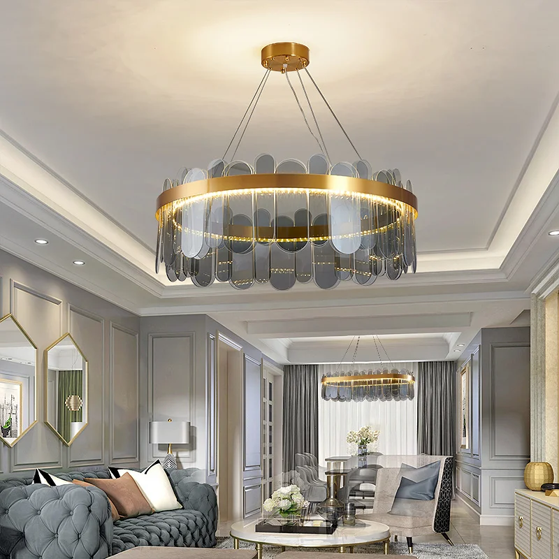 

High-grade Gray Living Room Chandelier Light Crystal Glass Round Modern Dining Room Kitchen Bedroom Home Led Decoration Lighting