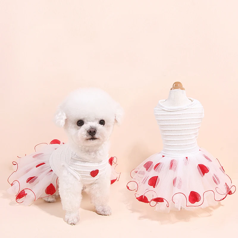 

Handmade Pet Dog Clothes Soft Cotton Puppy Dress Red Embroidered Heart Print Lace Mesh Princess Dresses Dog Costumes Chihuahua