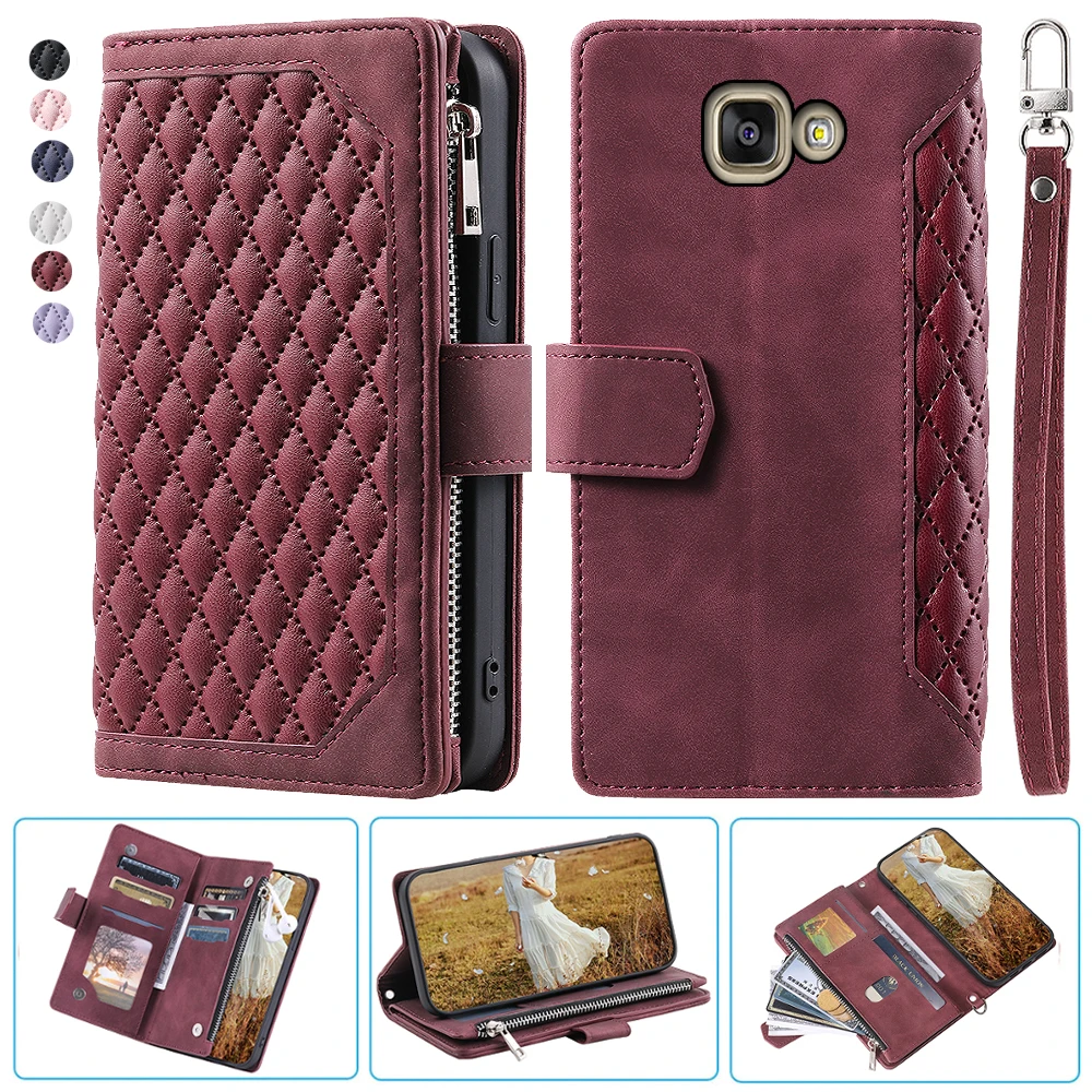 

For Samsung A5 2016 Fashion Small Fragrance Zipper Wallet Leather Case Flip Cover Multi Card Slots Cover Folio with Wrist Strap