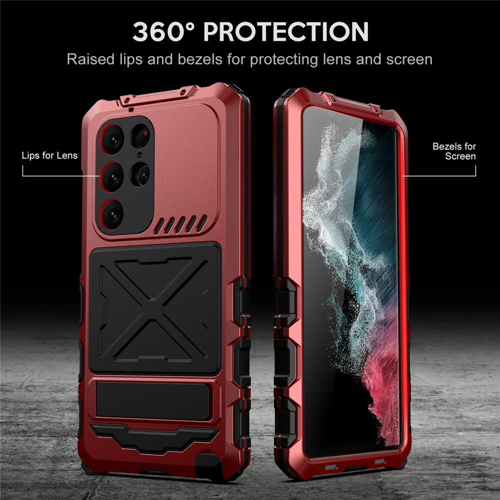 R-just Grade Anti-fall Armor Case For Samsung Galaxy S23 Ultra Shockproof Build-in Kickstand 360 Protection Glass