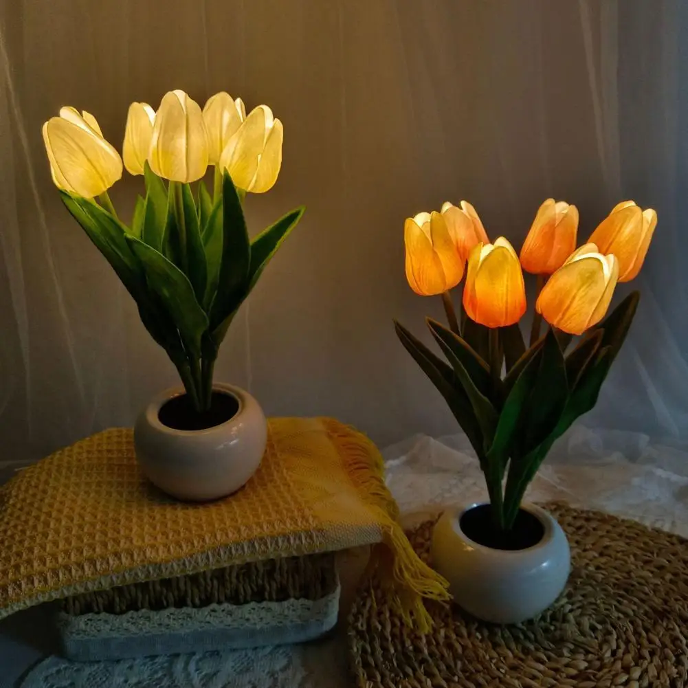 

LED Night Light Real Touch Creative Six Branches Tulips. Potted Artificial Flower Bedside Lamp Wedding Home Decoration lampara