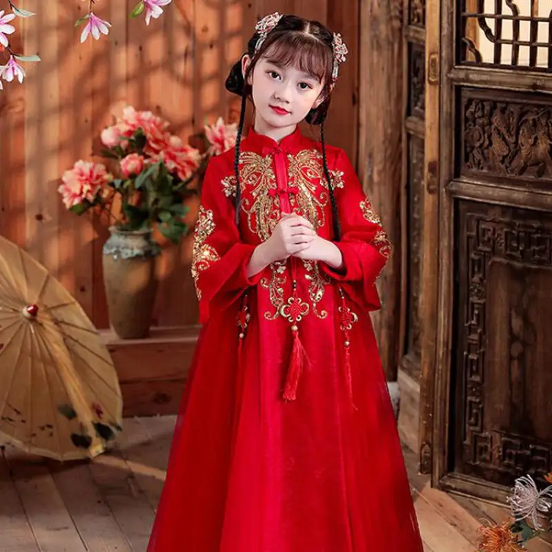 

Autunm Winter New Years Dress Girls Cotton Linen Tang Suit And Cape Kids Chinese Lovely Ancient Hanfu Children Embroider