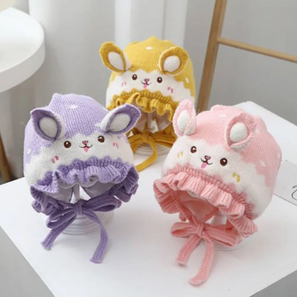 Милая детская шапка с кроличьими ушками осенне-зимняя вязаная шерстяная