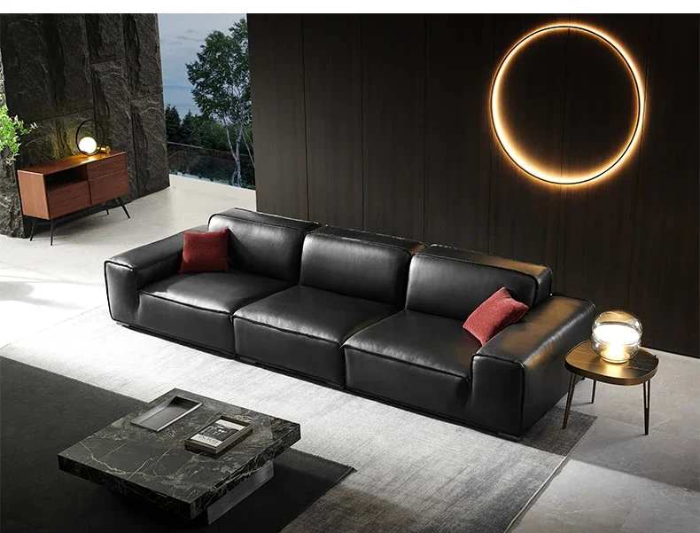 Большой черный диван из коровьей кожи для офиса большая плоская вилла первый