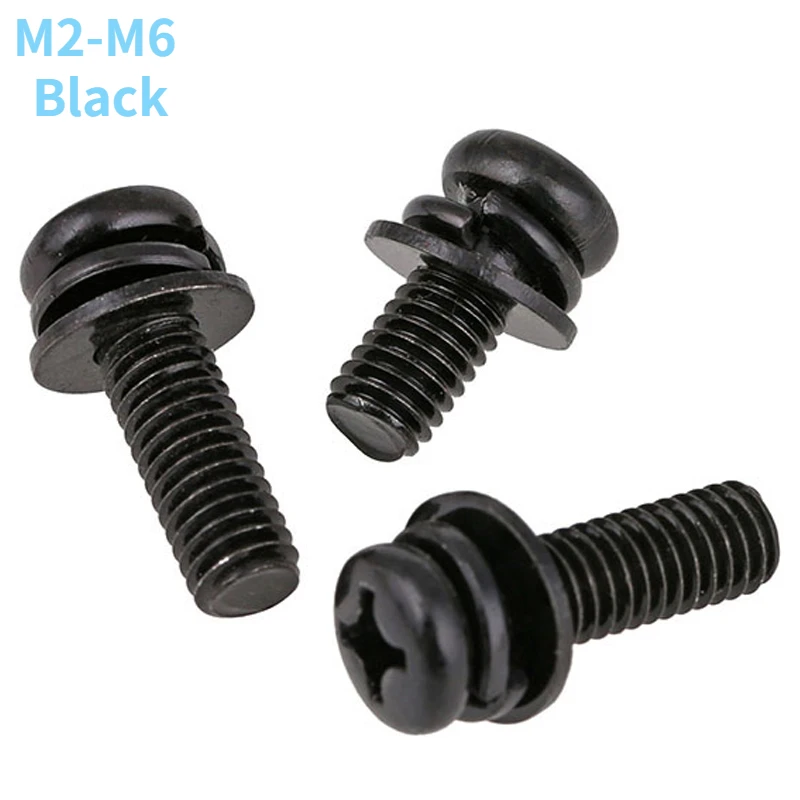 

M2 - M6 черные оцинкованные винты Phillips с круглой головкой и плоскими шайбами, пружинные шайбы, винты с круглой головкой, три комбинации