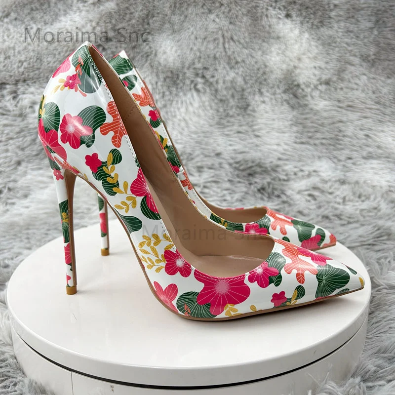 Print Super High Heels Shoes for Women Pumps Flowers Pointed Toe Shallow Stiletto Wedding Party Shoes Bride Female Spring