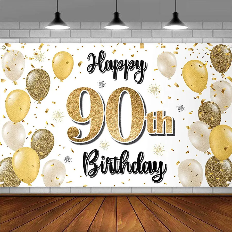 

Happy 90th Birthday Backdrop Party Wall Cake Banner Poster Rose Gold White Balloon 90 Years Old Bday Ninety Decor for Men Women