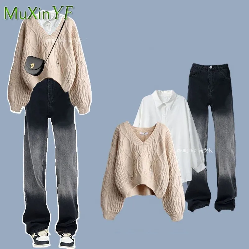 

Women's Autumn Winter Suit 2023 New V-Neck Hole Knitted Sweater+Shirt+Jeans Three Piece Korean Elegant Denim Pants Matching Set