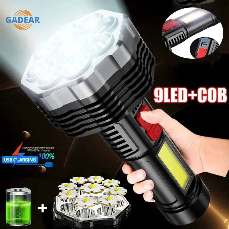 

Portable 9 Core High Power LED Flashlight with Power Display COB Side Light USB Rechargeable Tactical Torch Outdoor Lighting