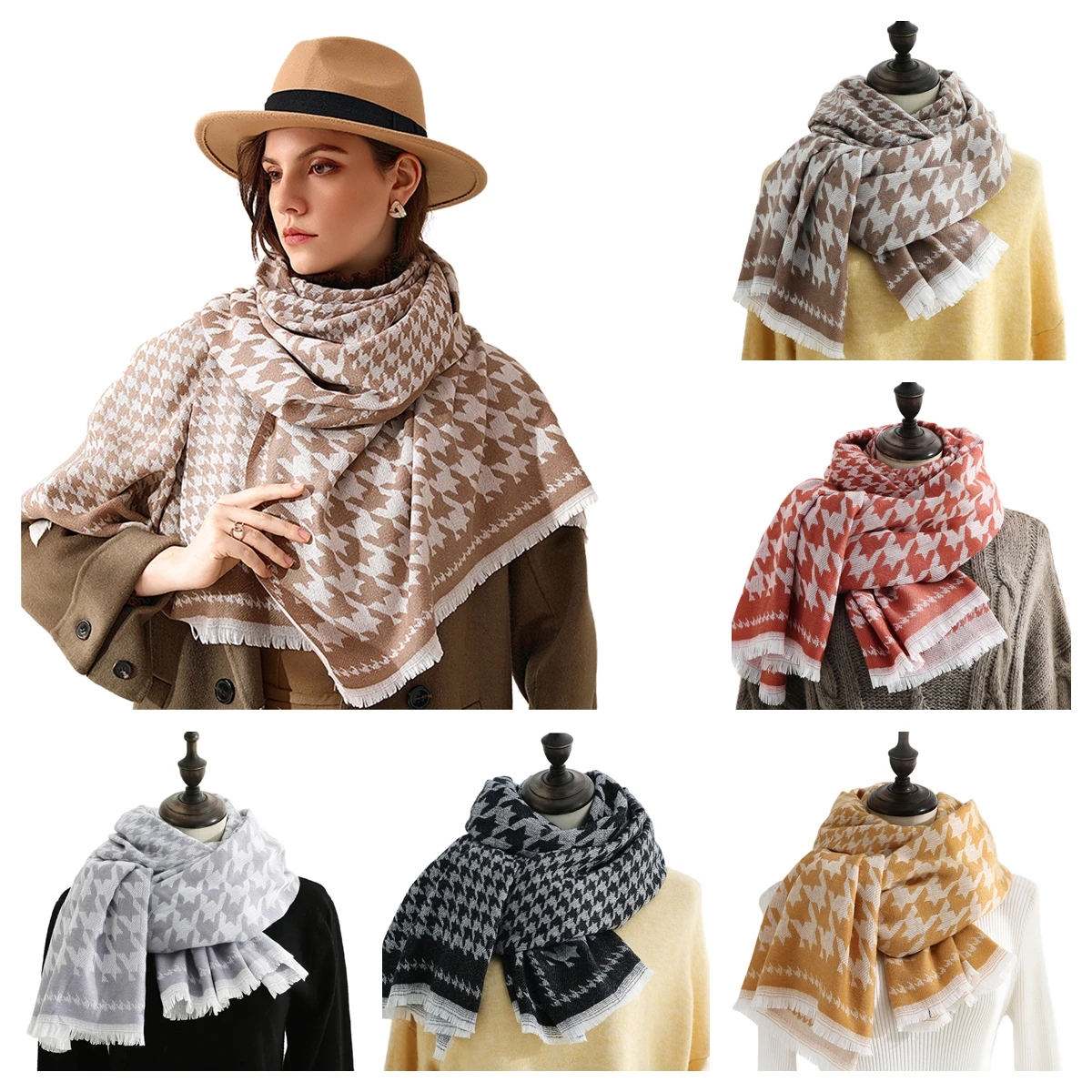 

Cashmere Feel Women's Fall Winter Scarf Classic Tassel Swallow Gird Wrap Warm Soft Chunky Large Blanket Lady Houndstooth Shawl