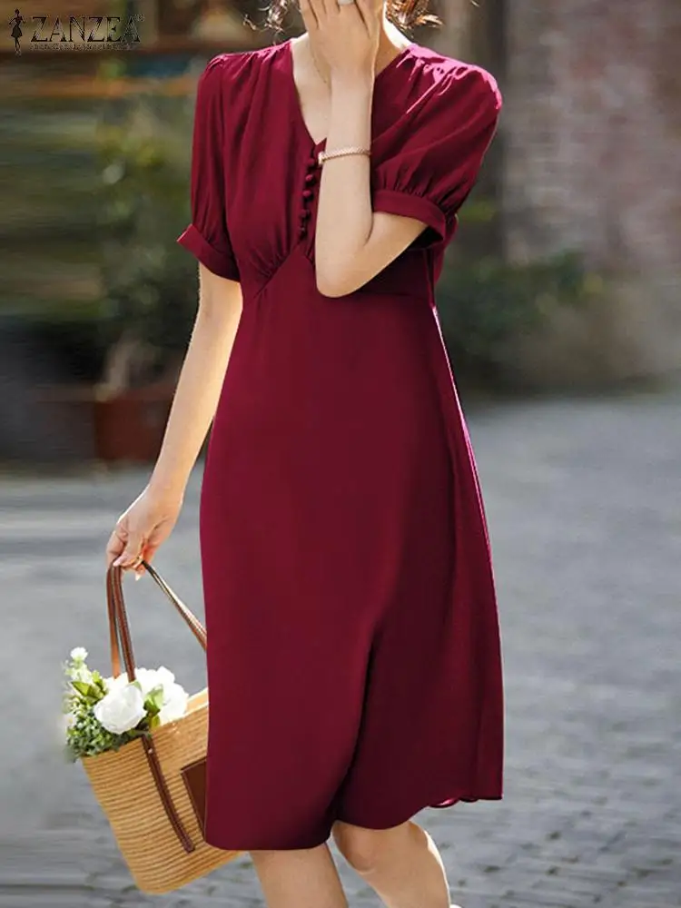 

ZANZEA Women Summer Short Sleeve Knee Sundress Elegant Party Dress 2022 Casual Solid Holiday Beach Bohemian Party Robes Oversize
