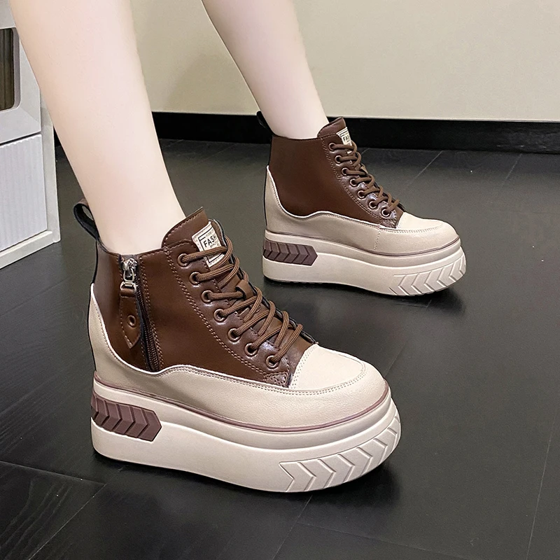 

New Autumn High Top Women Sneakers 9CM Platform PU Leather Shoes Wedge Hidden Heels Zip Winter Chunky Sport Shoes Woman Sneakers