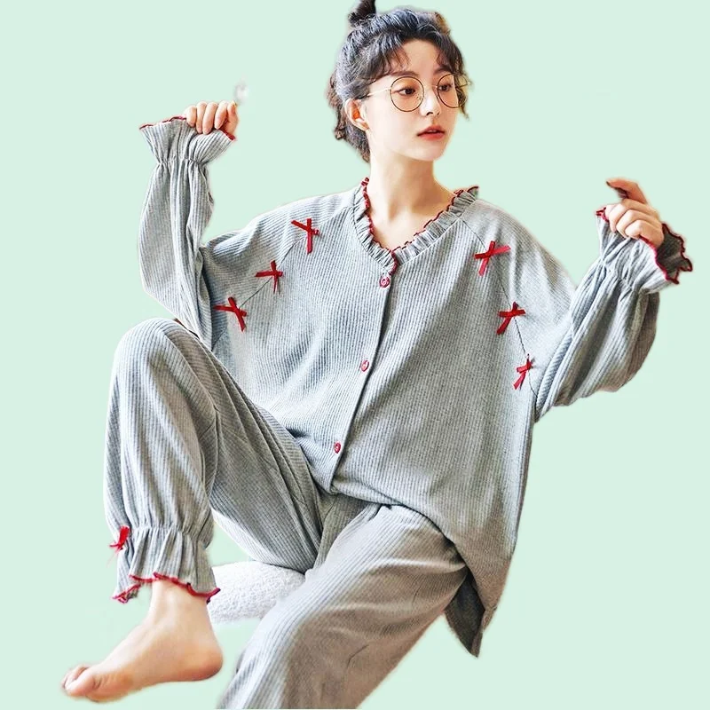 Women's Pajamas Set Sweet Full Sleeve Sexy Bow T-shirt Long Pants Pyjama Spring Homewear Cozy 100% Cotton Sleepwear Korean Style