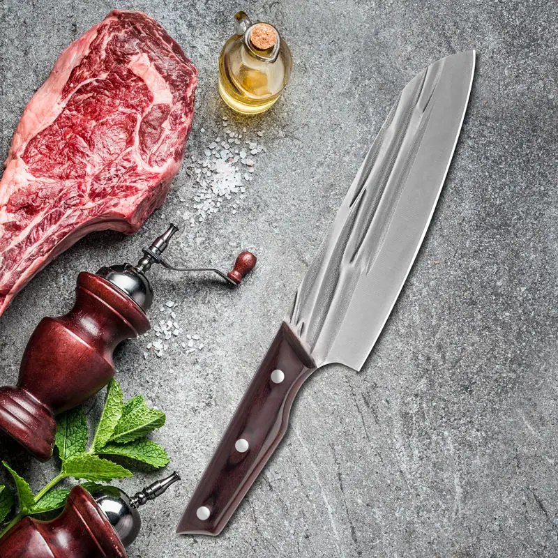 Фото 7,5-дюймовый нож Santoku, профессиональные ножи из высокоуглеродистой стали, кухонные ножи для нарезки мяса, овощей, японский ручной работы, ручная ковка №2