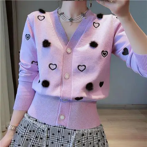 

2022 Spring Women's Temperament V-neck Long Sleeve Embroidery Loose Single Breasted Knitted Cardigan Purple And White
