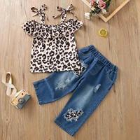 toddler girl girls suit 2022 new girls leopard print camisole patch denim trousers childrens suit baby girls outfit set