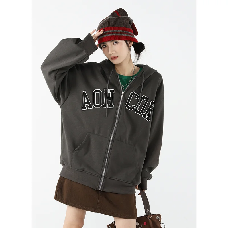 

Кардиган с капюшоном и надписью, Женская темно-серая верхняя одежда, свитшот, модная свободная зимняя куртка в стиле хип-хоп для отдыха с дли...